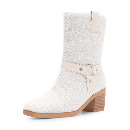 Chunky Heel Mid Calf Tabs Boots