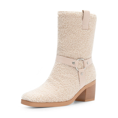 Chunky Heel Mid Calf Tabs Boots