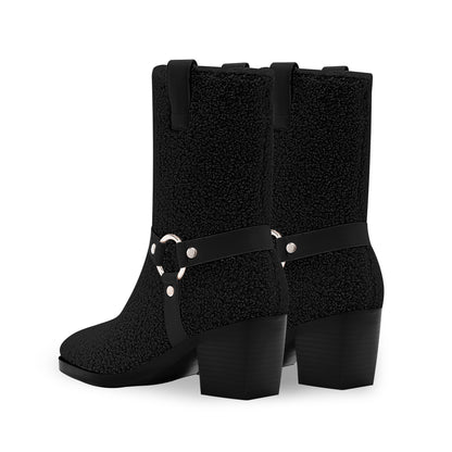 Chunky Heel Mid Calf Tabs Boots